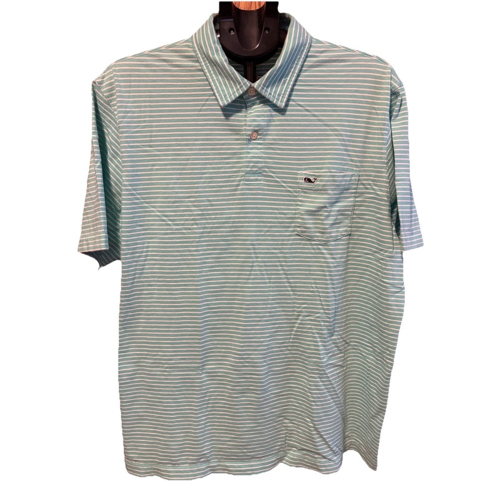 Vineyard Vines Mens Polo XL Pima Cotton White Green Striped Preppy Golf